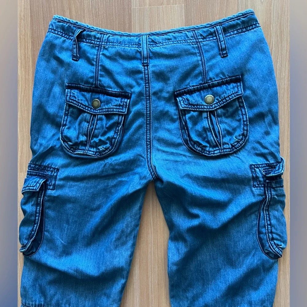 Juicy Couture Cargo Pants Blue Lyocell Cotton Blend Low Rise Roll Tab Hem Size M